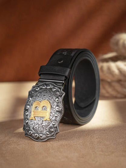 Western Cowboy PU Leather Belt - Men Waist Strap Bull Decoration Floral Engraved for Jeans