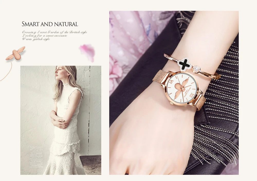 Hannah Martin 2023 New Women Luxury Watch Rose Gold 31mm Classic Casual Girl Dress Watch Bracelet Set 3D Engraved Bee Dial Clock