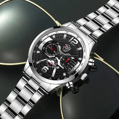 5PCS Set DEYROS Fashion Mens Calendar Watches Men Business Stainless Steel Quartz Wristwatch Male Casual Necklace Bracelet Watch