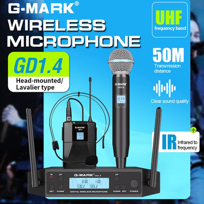 Wireless Lavalier Microphone G-MARK GD1.4 UHF Professional Headset Clip Mic Bodypack Frequency Adjustable 50M For Party Show
