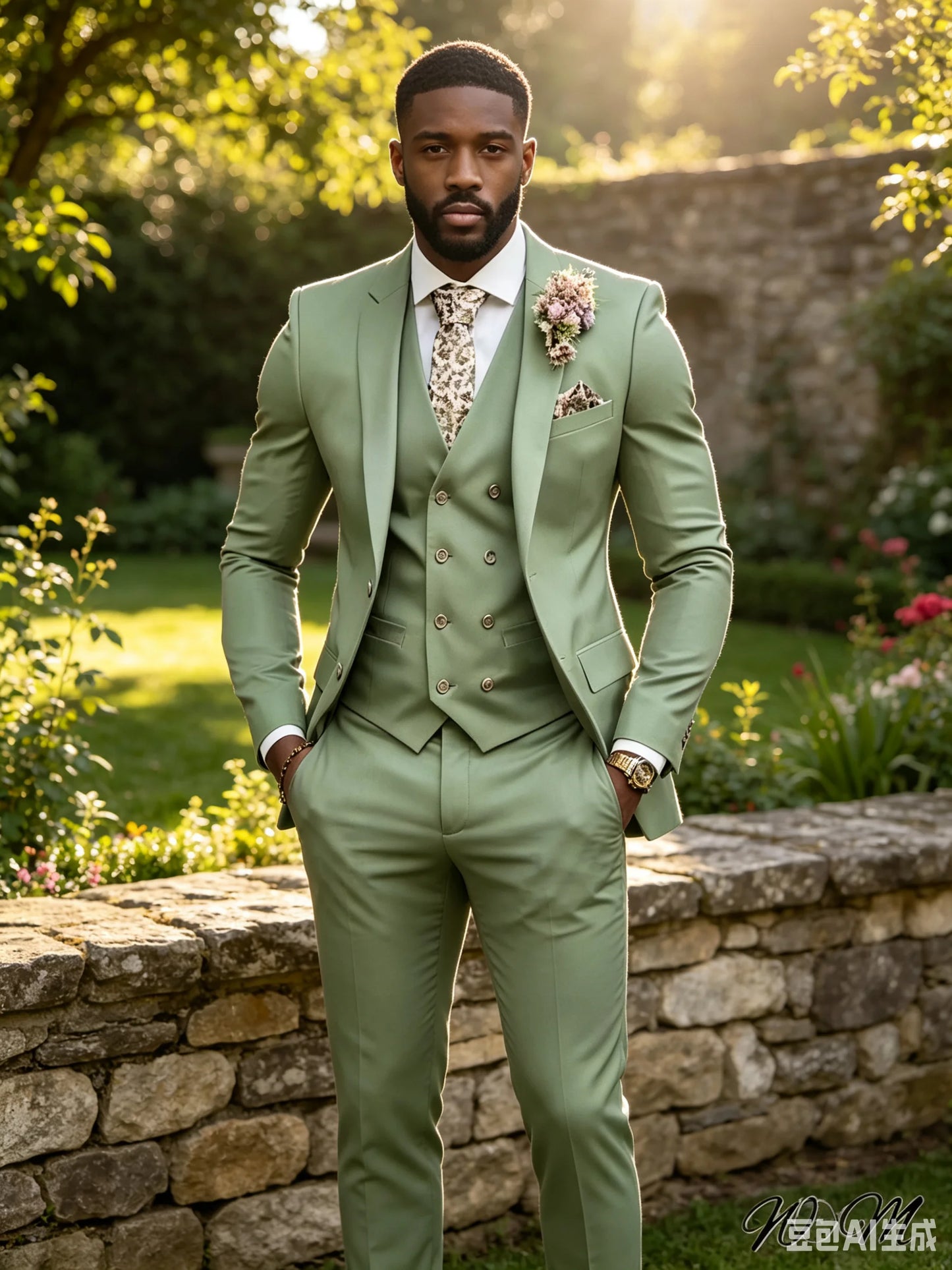 High Quality Green Business Men Suits Slim Fit Male Clothing Elegant Wedding 3 Piece Two Buttons Jacket Vest Pants Party Sets