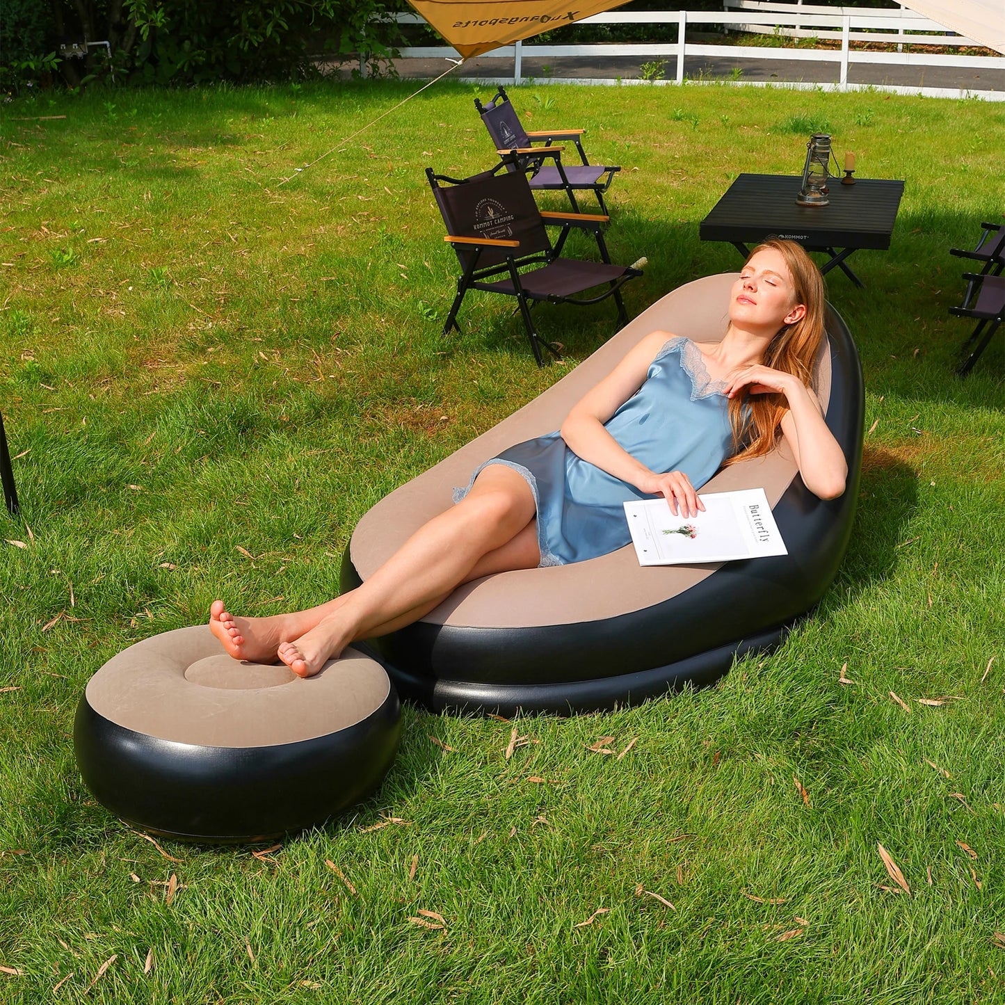 Lazy Couch Sofas Inflatable Chair Foldable Recliner Outdoor Sofa Bed Footstool Portable Folding Air Bed Lunch Lounge Chair Set