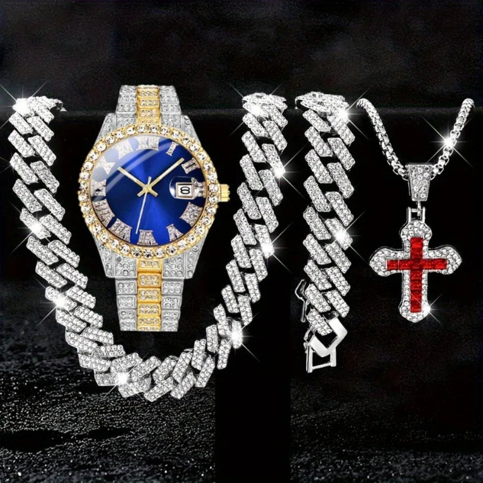 4pcs/set, Business Luxury Men's Rhinestone Watch Jewelry Set, Classic Silvery Men Quartz Calendar Wrist Watch - Gifts for Men,