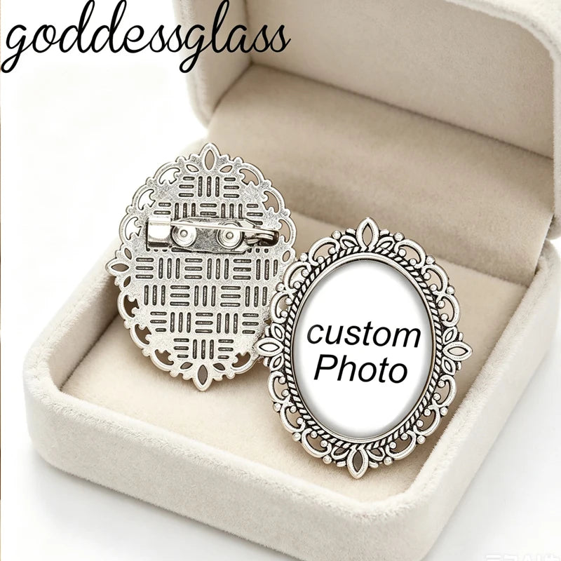 Personalize Custom Retro Oval Brooch Pin Photo Logo Silver plated/Bronze For Family Anniversary Collar 18x25mm Oval  safety Pins