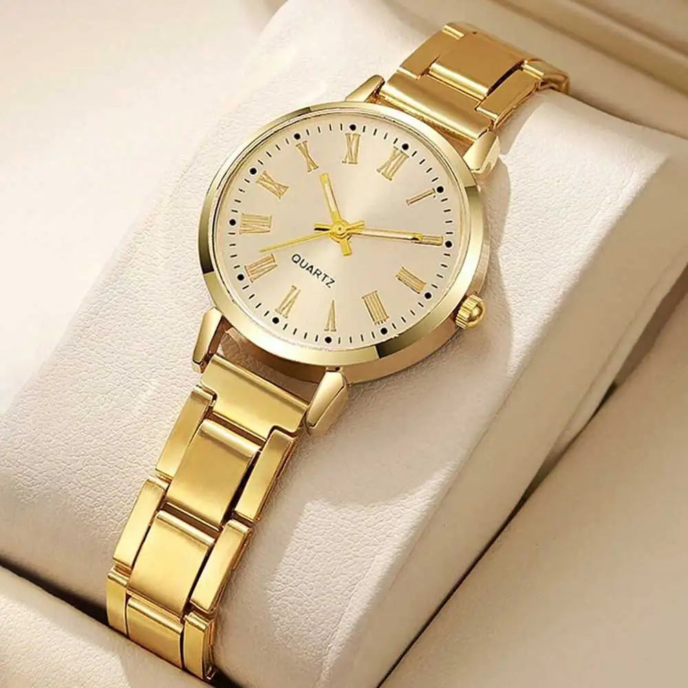 4PCS Fashion Women's Watch Set Trendy Luxury Simple Roman Numerals Scale Round Dial Quartz Watch Bracelet Set Perfect Gift