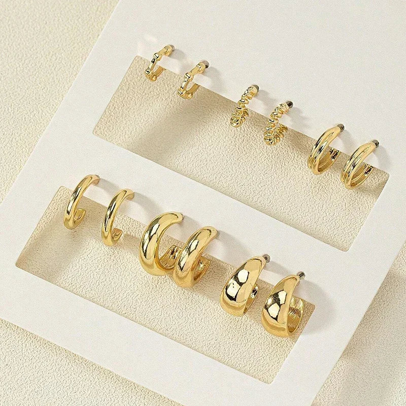 6Pcs/set Stainless Steel Crystal Zirconia Hoop Earring for Women Metal Circle Geometric Cartilage Piercing Earrings Set Jewelry