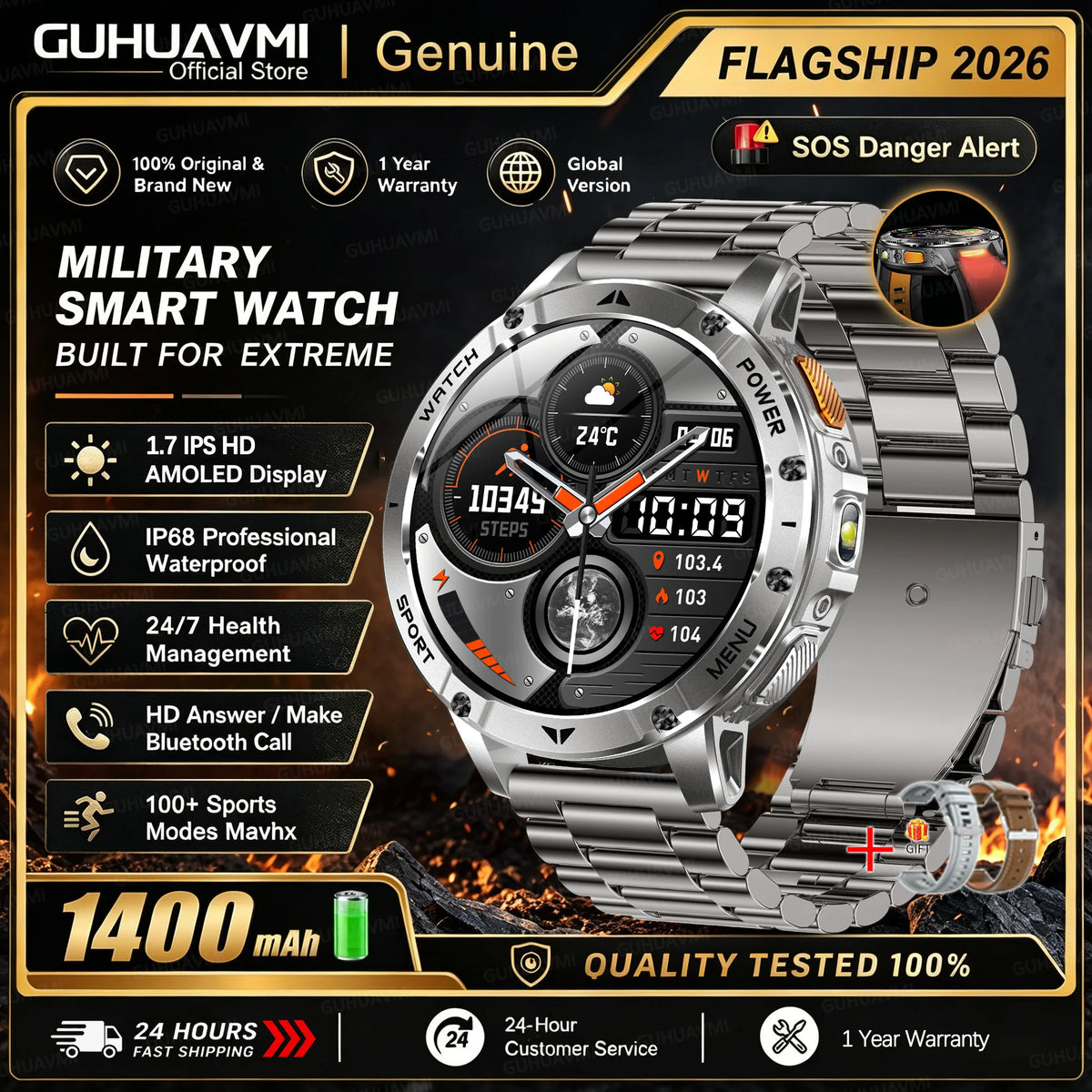 1400mAh Large Battery Military Smart Watch Men 1.7"HD Bluetooth Call 10ATM Waterproof LED Flash SOS Health Monitor Sport Watches