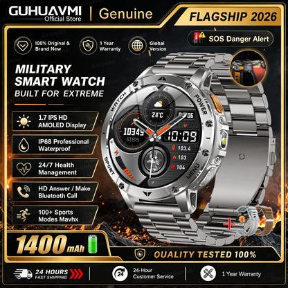 1400mAh Large Battery Military Smart Watch Men 1.7"HD Bluetooth Call 10ATM Waterproof LED Flash SOS Health Monitor Sport Watches