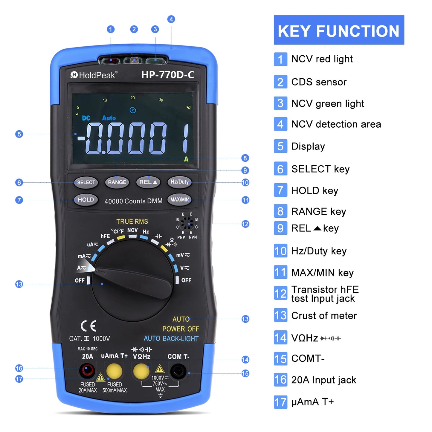 HP-770D-C LCD Digital Multimeter - True RMS Auto Range for AC/DC Voltage, Ohm, Amp & Capacitor (40,000 Counts)