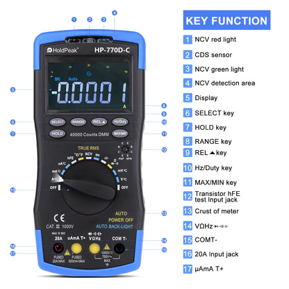 HP-770D-C LCD Digital Multimeter - True RMS Auto Range for AC/DC Voltage, Ohm, Amp & Capacitor (40,000 Counts)