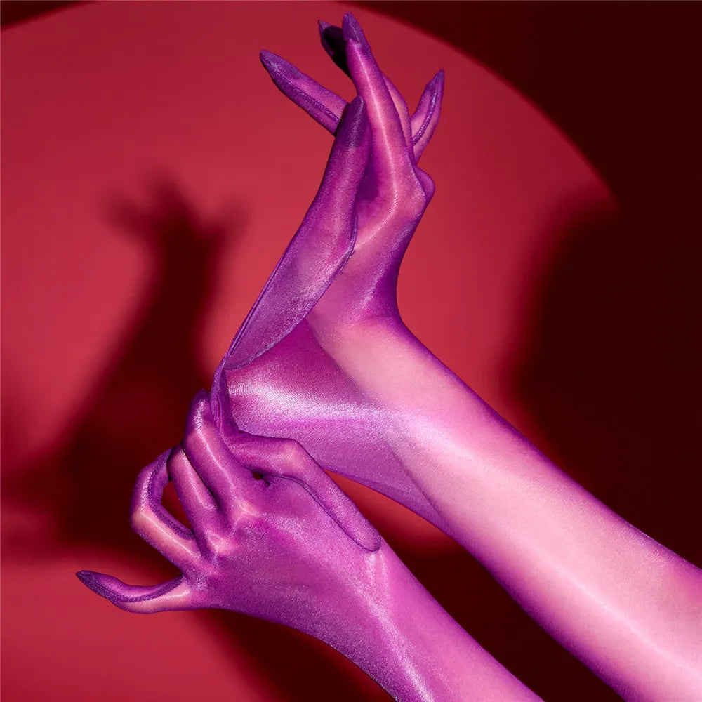 Sexy Women 1D Thin Glove Elastic Oil Glossy Shiny Long Finger Glove Sheer See Through Long Glove Driving Dance Gloves