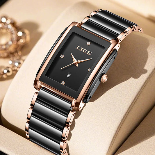LIGE Creative Square Watch For Women Fashion Elegant Women's Bracelet Watch Stainless Steel Waterproof Date Quartz Wristwatches
