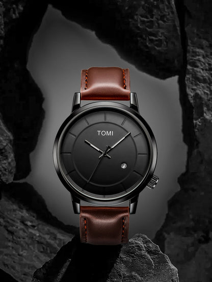 TOMI New 2PCS Casual Fashion Men Watch Gift Box Set Luxury Round Large Dial Calendar Men Quartz Watch Glasses Gift Box