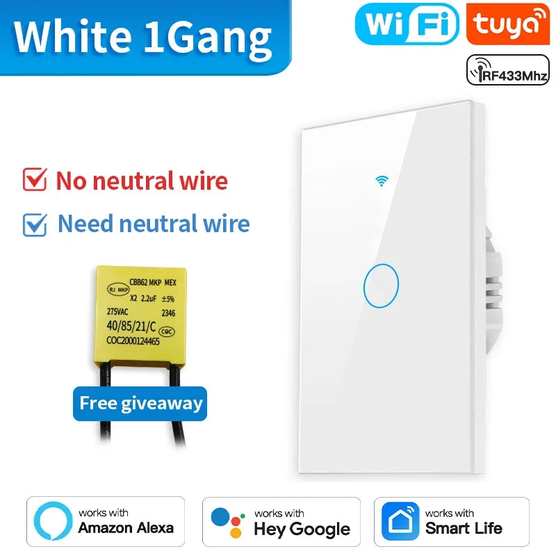 TNCE Tuya WiFi/Zigbee Smart Switche Neutral Wire/No Neutral Wire Required 1/2/3/4 Gang Touch Switch Work With Alexa Google Home