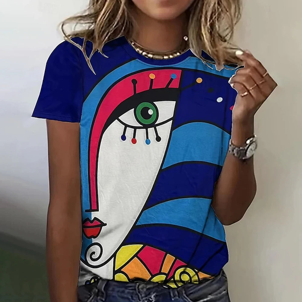 Summer Breathable Women's Fashion Short Sleeve T-Shirt Funny 3d Abstract Face Printed T-Shirts 2024 New Round Neck Tops Tees