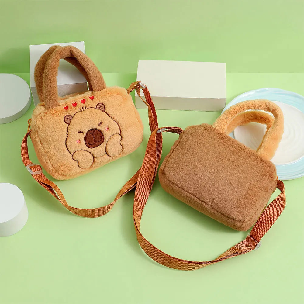 Stylish Cute Embroidered Capybara Plush Handbag Kawaii Cartoon Plush Shoulder Bag Lightweight Soft Small School Bag Square Bag