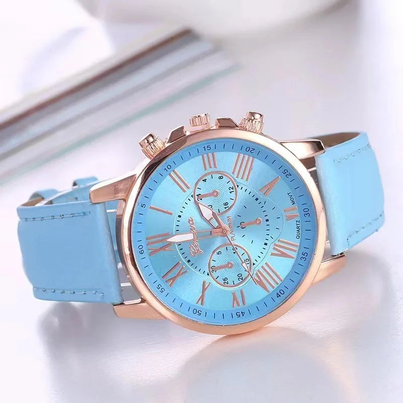 9-piece fashionable watch set, unisex quartz movement, round zinc alloy case, faux leather strap, none, mixed colors,