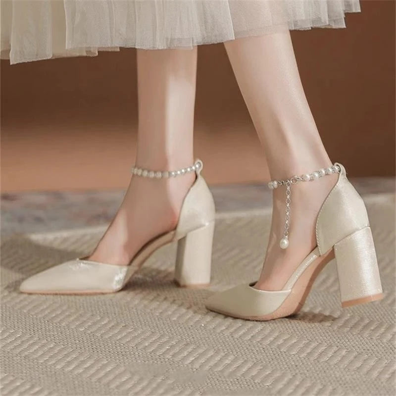 Elegant Pearl Embellished Pointed Toe Chunky Heel Open Toe High Heels Wedding Shoes for Women Comfortable Dress Pumps Stylish