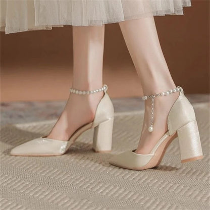 Elegant Pearl Embellished Pointed Toe Chunky Heel Open Toe High Heels Wedding Shoes for Women Comfortable Dress Pumps Stylish