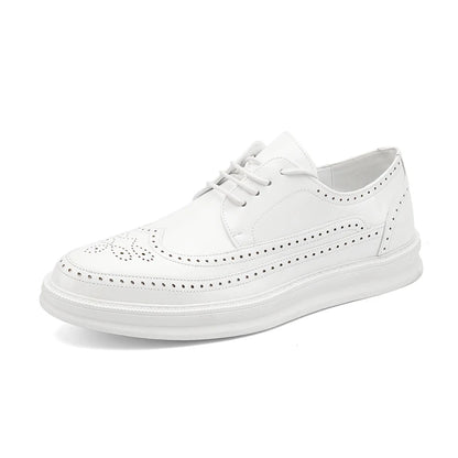 Fashion Derby Leather Men Shoes White Brogue Lace Up Solid Simple Dress Business Casual Party Wedding Flat Shoes For Man