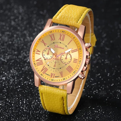 9-piece fashionable watch set, unisex quartz movement, round zinc alloy case, faux leather strap, none, mixed colors,