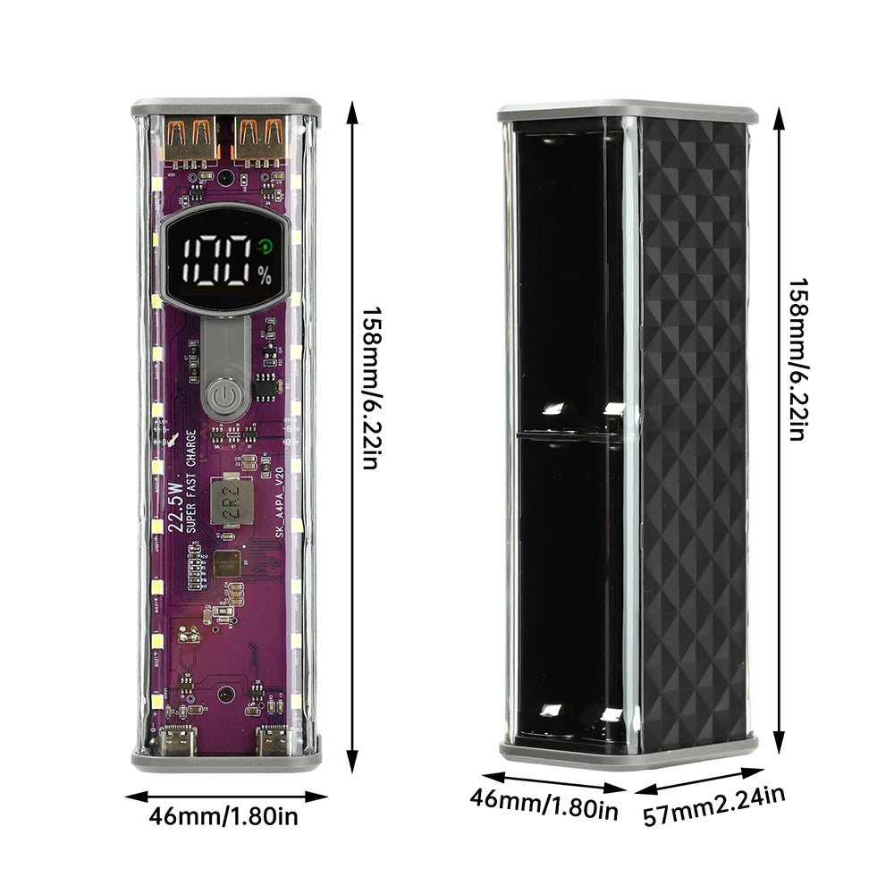 22.5W/45W 18650 Power Bank Case Fast Charging DIY Transparent Battery Storage Box Digital Display USB Type-C Battery Holder
