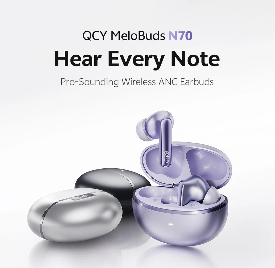 QCY MeloBuds N70 Adaptacyjne ANC Bezprzewodowe słuchawki douszne Bluetooth 6.0 LDAC Hi-Res Audio 6 mikrofonów Ładowanie bezprzewodowe Słuchawki 50 godzin IPX5