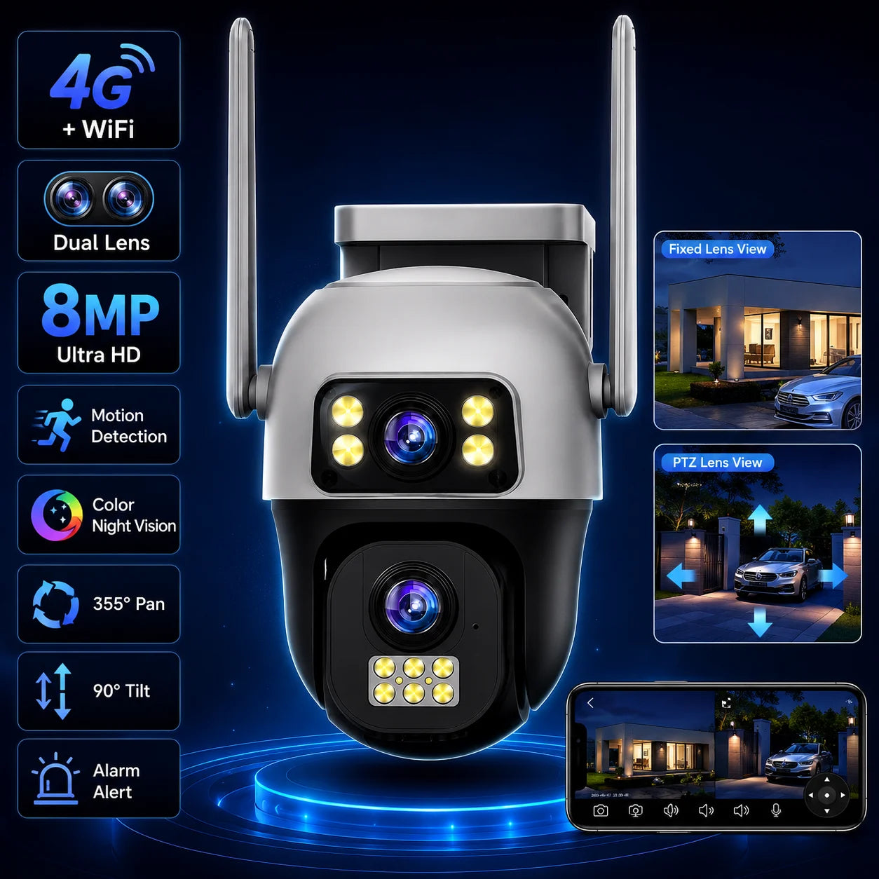 V380Pro 8MP 4G WiFi Dual Lens Dual Screen PTZ Camera IP66 Waterproof Human Detection Security Cam