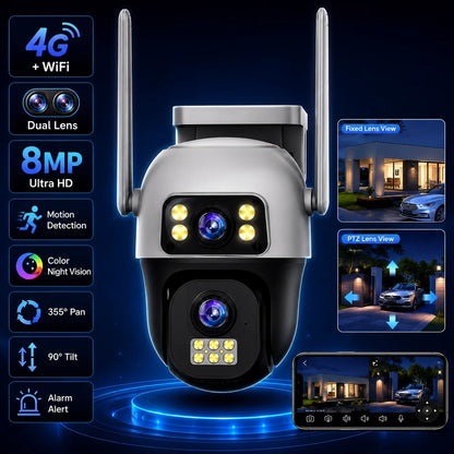 V380Pro 8MP 4G WiFi Dual Lens Dual Screen PTZ Camera IP66 Waterproof Human Detection Security Cam