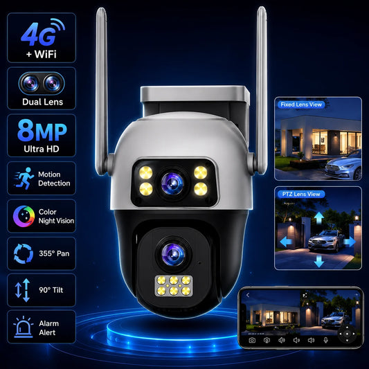 V380Pro 8MP 4G WiFi Dual Lens Dual Screen PTZ Camera IP66 Waterproof Human Detection Security Cam