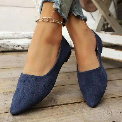 Women's Navy Blue Suede Pointed Toe Flat Shoes | Rhinestone Green Gem Decor Ballet Flats | Elegant Office Casual Shoes
