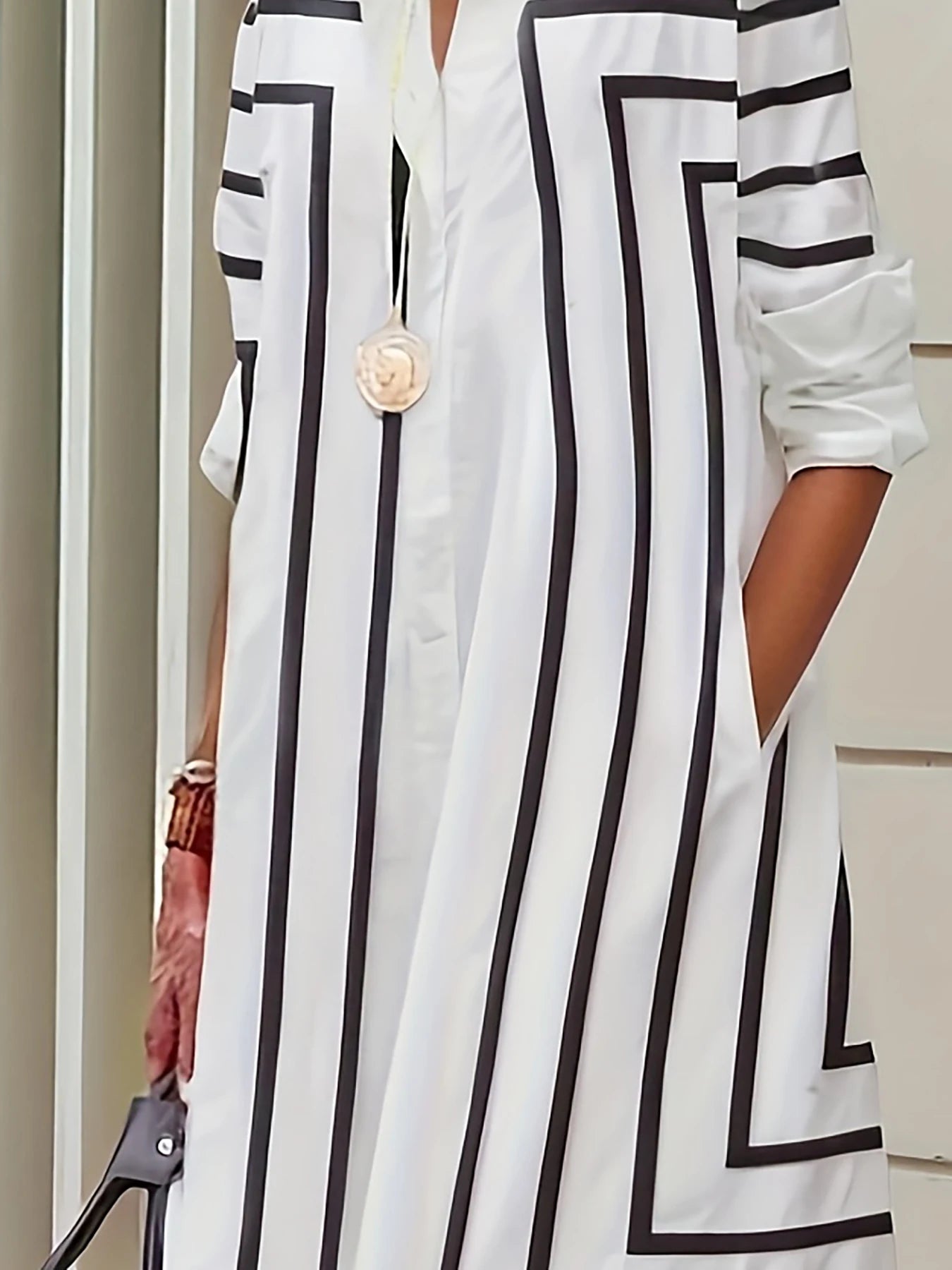 Women's Casual Striped Button Loose Fit Knee-Length Short Sleeve Black & White Vertical Stripes for Spring Summer Fall