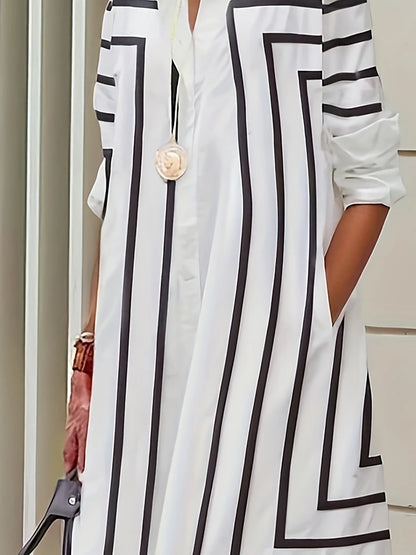 Women's Casual Striped Button Loose Fit Knee-Length Short Sleeve Black & White Vertical Stripes for Spring Summer Fall