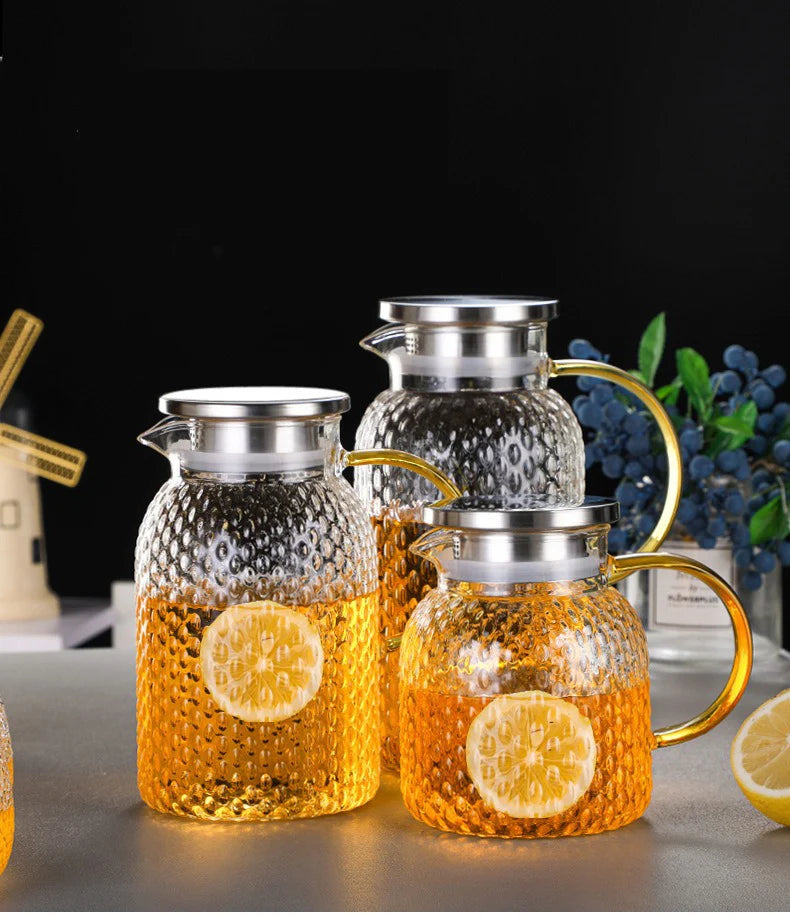 JUSTINLAU Cold Water Jug Heat-resistant Glass Teapot Large Capacity Rice Grain Pattern Boil Water Kettle for Kitchen and Dining