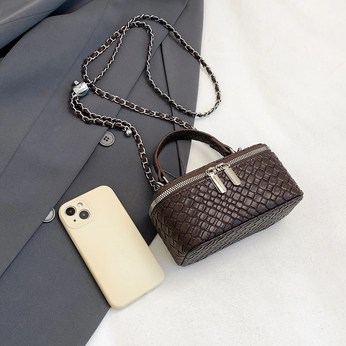 Retro Women Crossbody Bag Woven Pattern Soft PU Leather Handbag Multi Function Adjustable Chain Strap Shoulder Bag for Commute