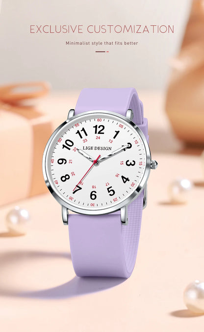 LIGE New Fashion Women's wristwatch Ultra-Thin Quartz Watches for Woman Waterproof Luminous Silicone Ladies Watches Pink Clock