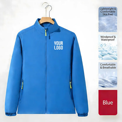 Stand collar zipper outdoor windbreaker, unisex UV-resistant waterproof jacket, customizable LOGO