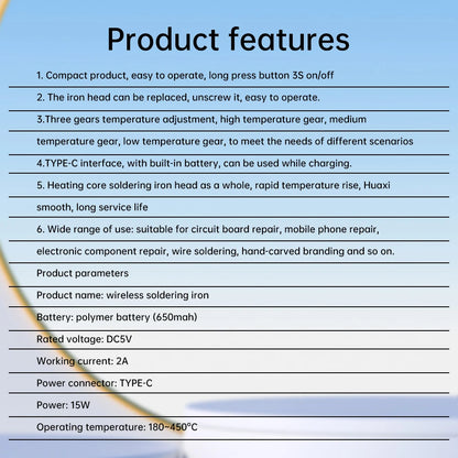 Wireless mini soldering iron with three-level temperature control Type C interface, suitable for maintenance and soldering