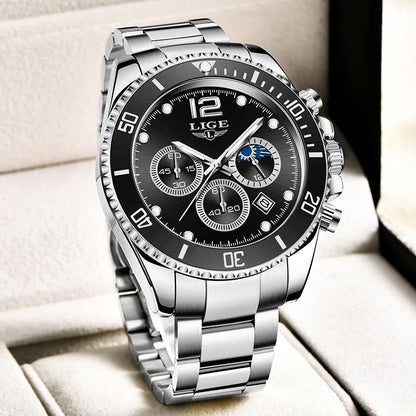 LIGE Outdoor Sport Watch For Men Fashion Military Waterproof Luminous Men Watch Round Stainless Steel Quartz Chronograph Male