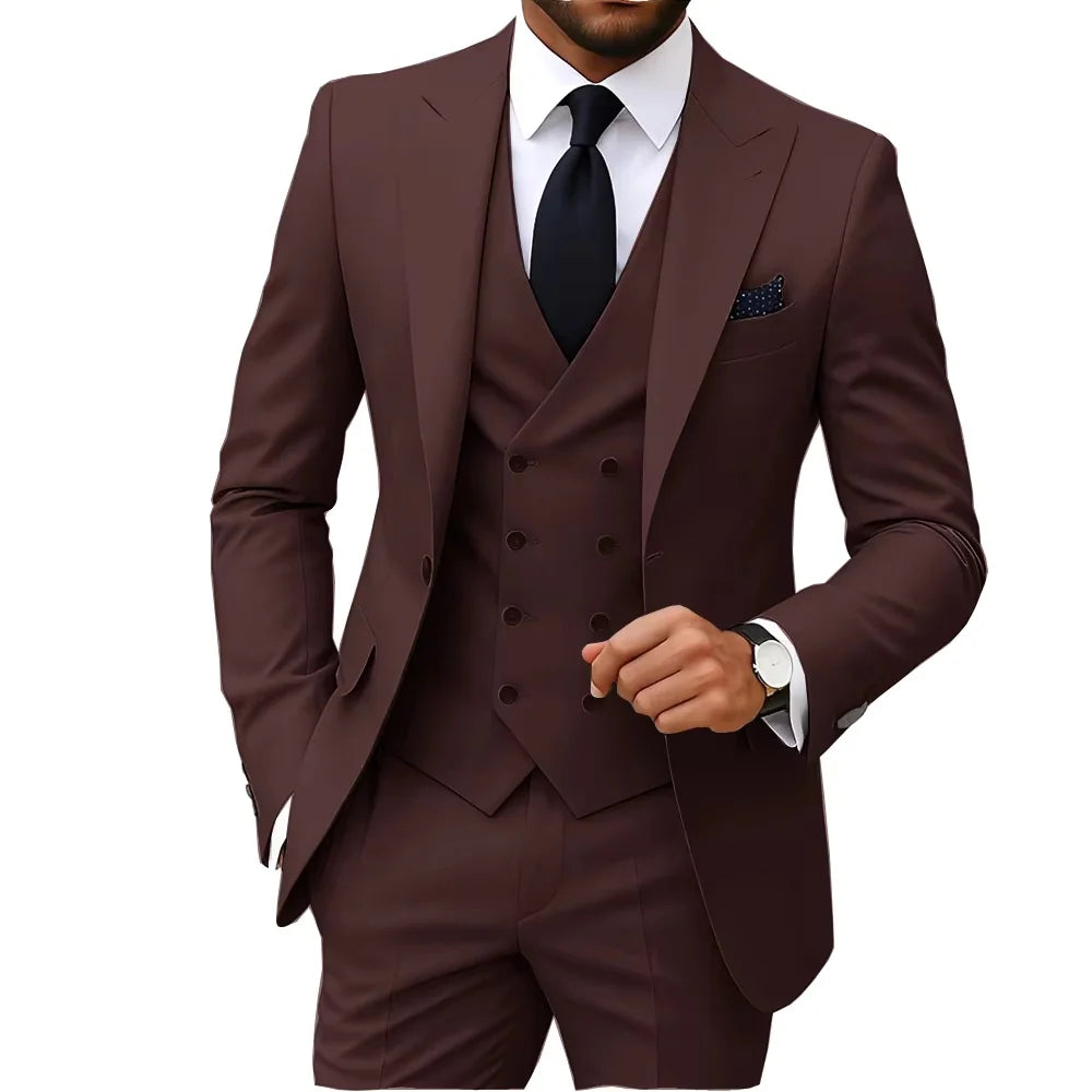 Slim Fit 3-Piece Men's Suit Set for Office Formal Business Wedding Groom Tuxedos Jacket Vest Pants Casual Male Men Clothing