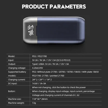 18650 Battery Charger Case DIY Power Bank Box Portable QC 3.0 PD 18W Fast Charging Case for 18650 21700 20700 Lithium Batteries