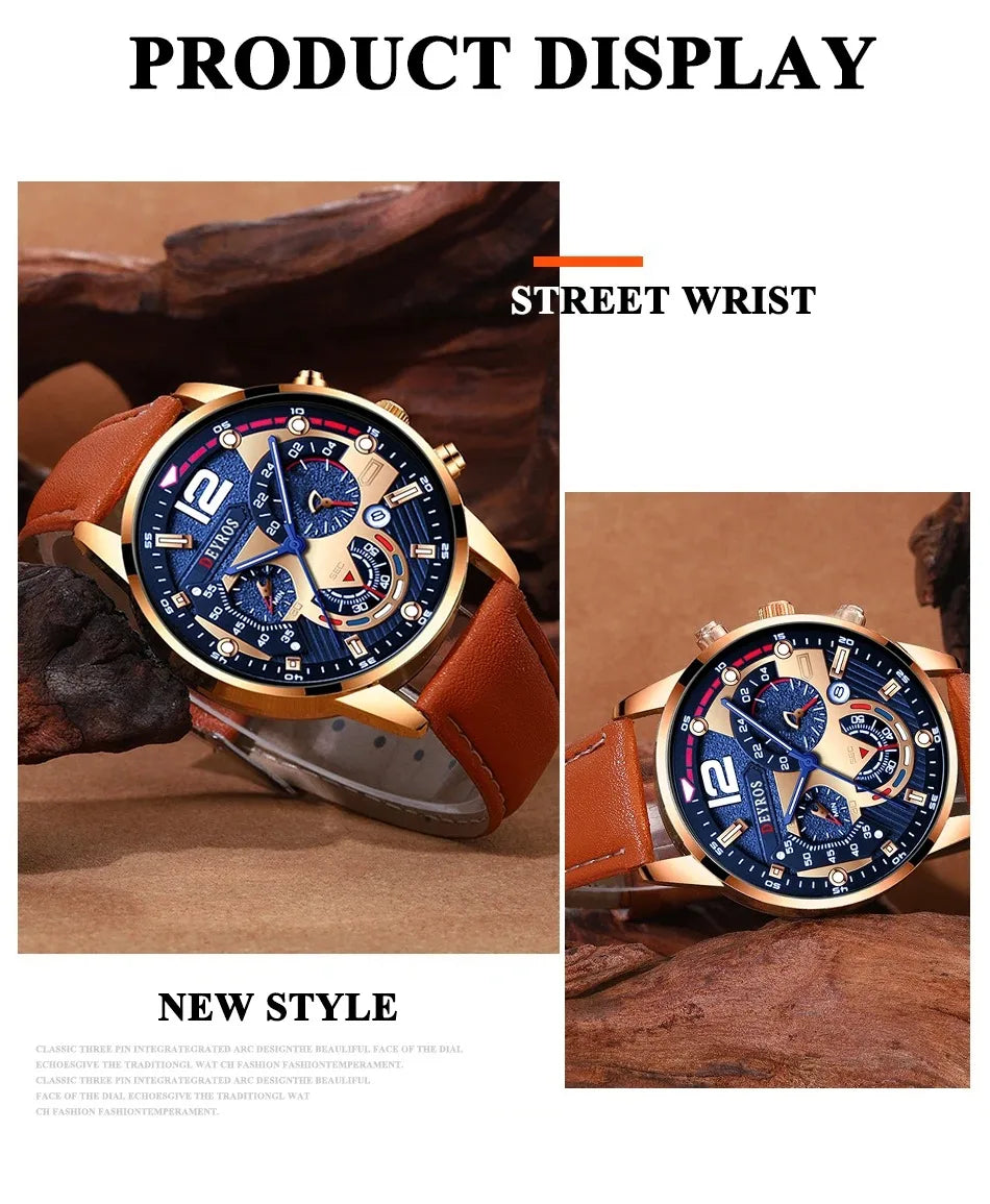 2PCS Set Luxury Brown Mens Quartz Watches Fashion Male Business Casual Wristwatch with Bracelet