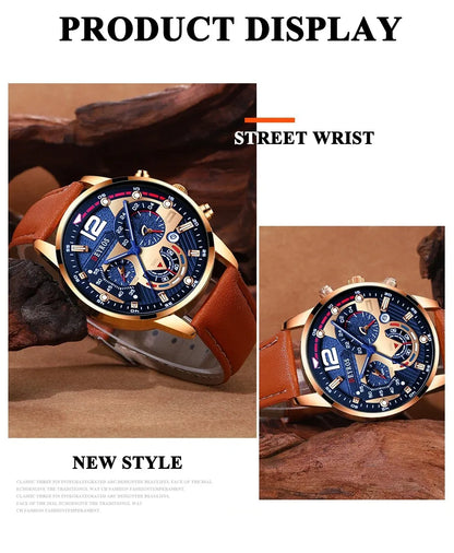 2PCS Set Luxury Brown Mens Quartz Watches Fashion Male Business Casual Wristwatch with Bracelet
