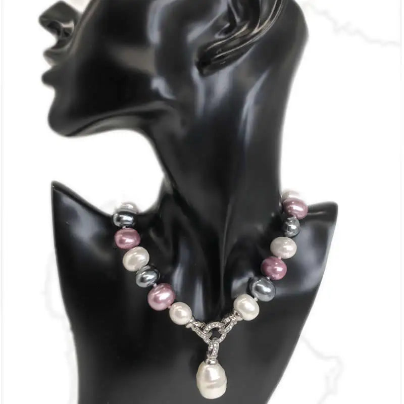 Luxury style Cultured 12-15m White Potato Freshwater Pearl Necklace Cz Pave Shell Pearl Pendant Weddding
