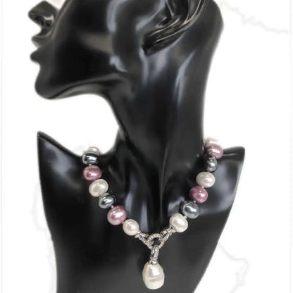 Luxury style Cultured 12-15m White Potato Freshwater Pearl Necklace Cz Pave Shell Pearl Pendant Weddding
