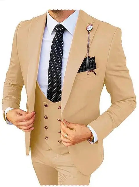 Solid Men's 3 Piece Suit Slim Fit Men Tuxedo Suit Party Wedding Prom Business One Button Peak Lapel Blazer Jacket Vest Pants Set