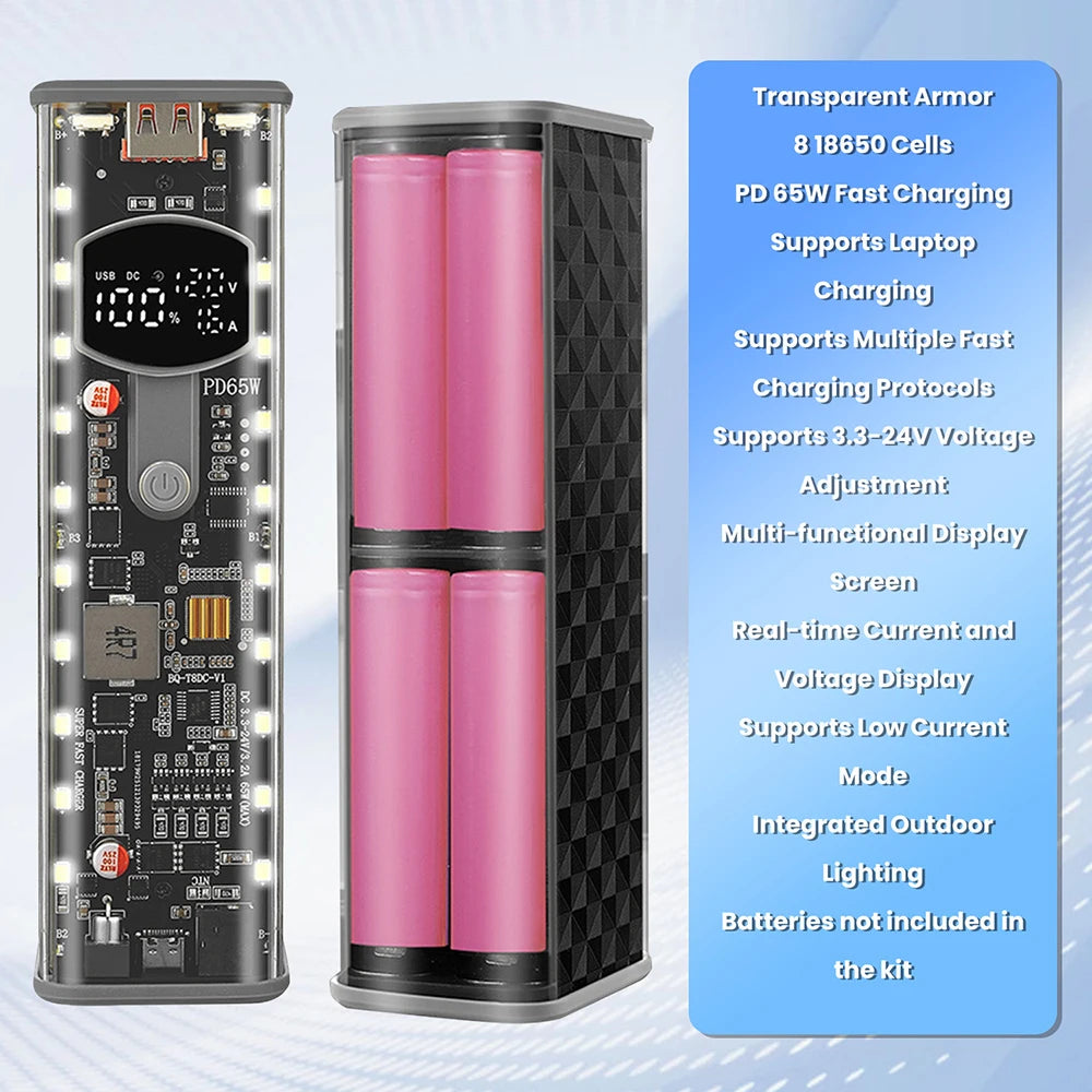 65W PD Fast Charge 8-Cell Solderless 18650 Power Bank Case 3.3-24V Adjustable DC DIY Battery Box LED Display Outdoor Light