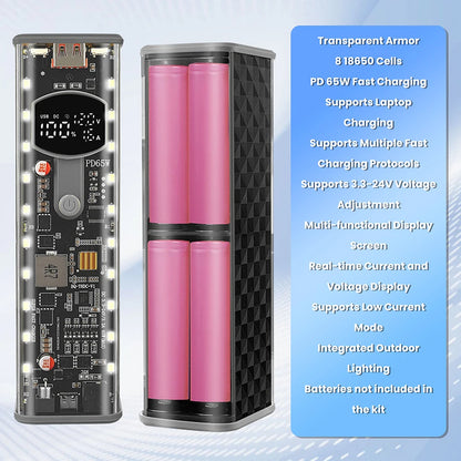 65W PD Fast Charge 8-Cell Solderless 18650 Power Bank Case 3.3-24V Adjustable DC DIY Battery Box LED Display Outdoor Light