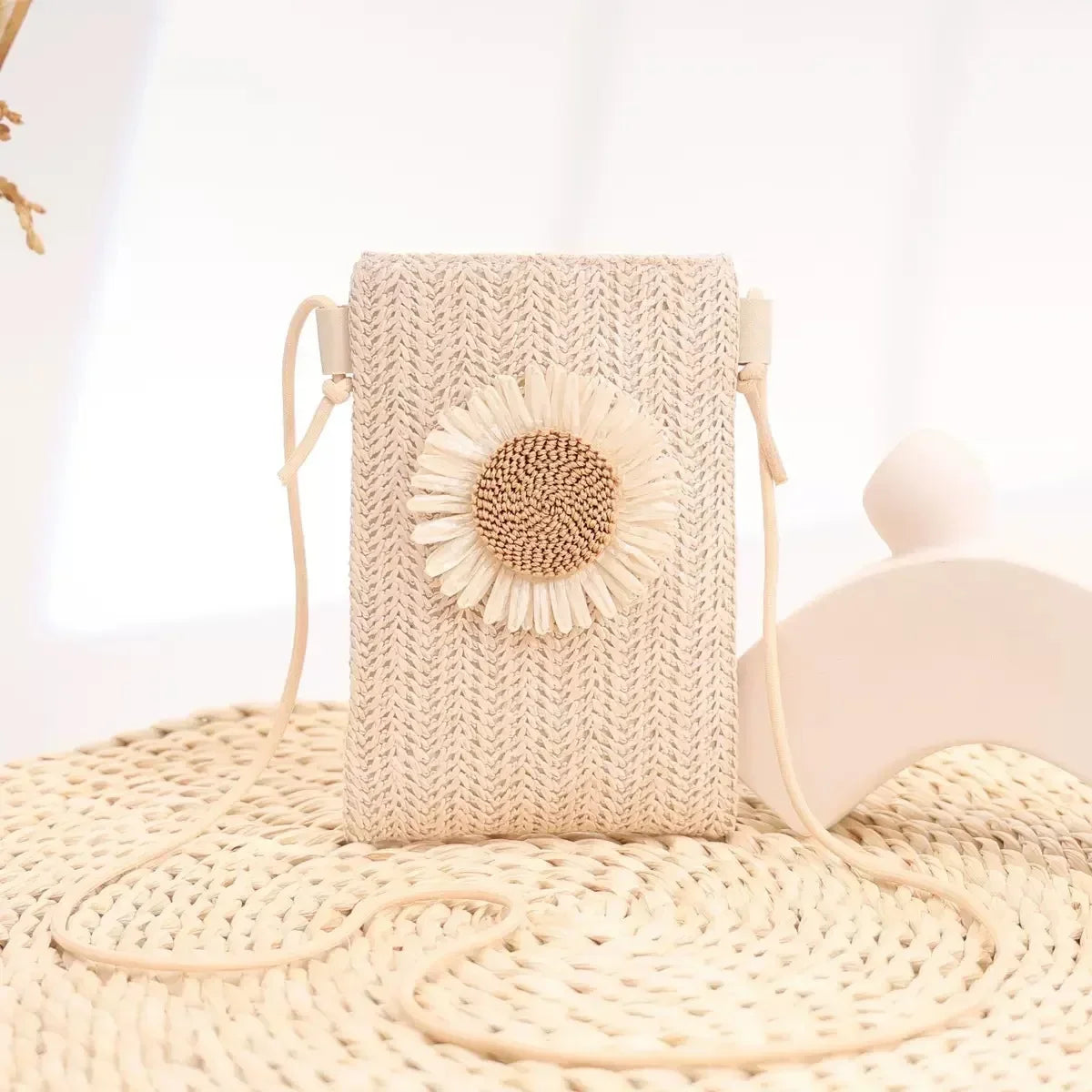 Stylish Flower Woven Small Bag for Women Teen Crossbody Purse, Summer Chic Leisure Mobile Phone Bag, Single Knit Shoulder Bag