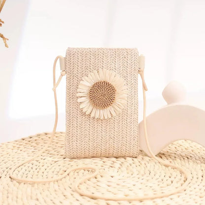 Stylish Flower Woven Small Bag for Women Teen Crossbody Purse, Summer Chic Leisure Mobile Phone Bag, Single Knit Shoulder Bag